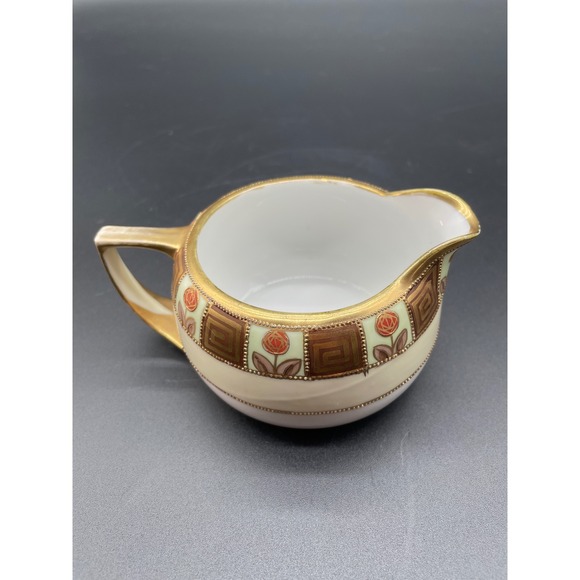 Vintage Nippon Hand Painted Sugar Bowl and Creamer Set Gold Trim Rose Design - Picture 2 of 15